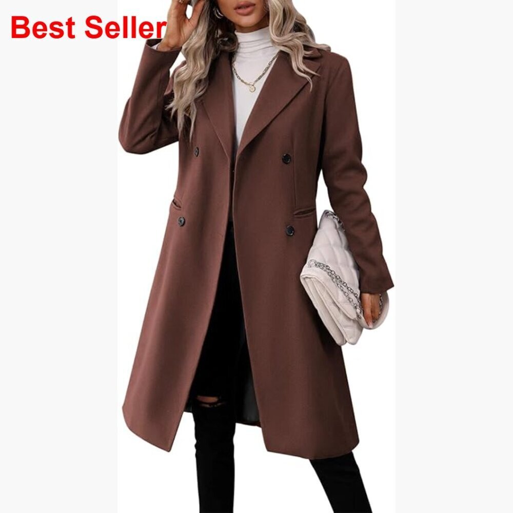 Long Double Breasted Pea Coat Slim Fit Wool Blend Winter Jacket